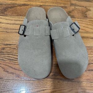 Tan Suede Slip-On Clogs with Buckle
